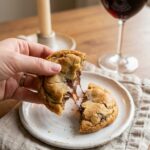 A close-up view of hands pulling a thick chocolate chunk cookie apart, revealing a gooey center and melted chocolate.
