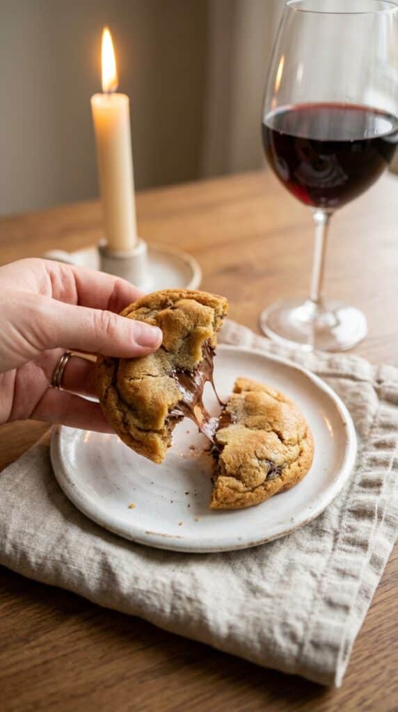 A close-up view of hands pulling a thick chocolate chunk cookie apart, revealing a gooey center and melted chocolate.