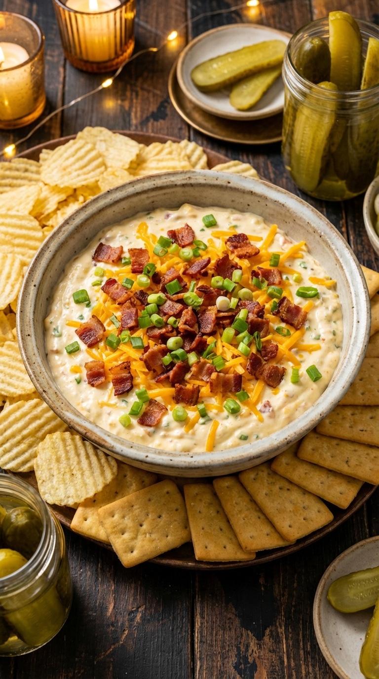 A close-up of a ceramic bowl filled with creamy cheese dip loaded with bacon and green onions, surrounded by chips and crackers.