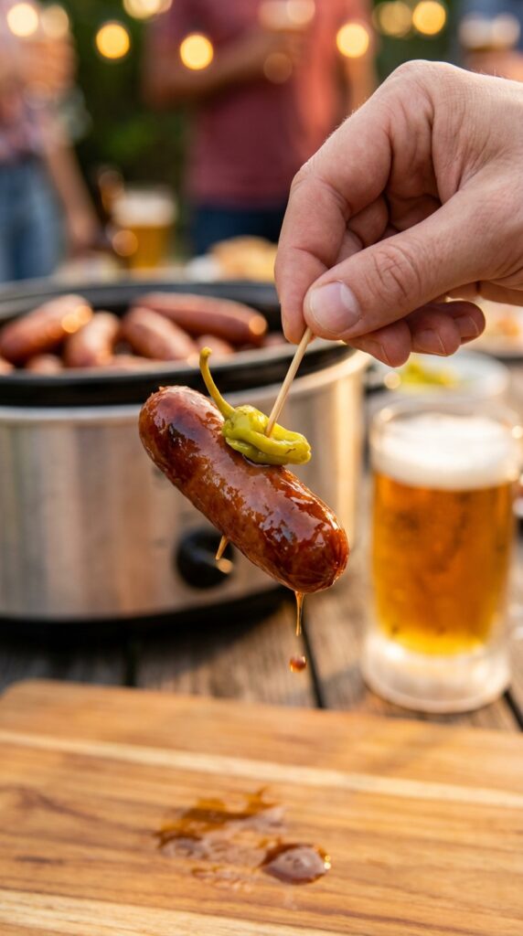A close-up of a hand holding a toothpick with a glazed mini sausage and a pepperoncini, with a beer in the background
