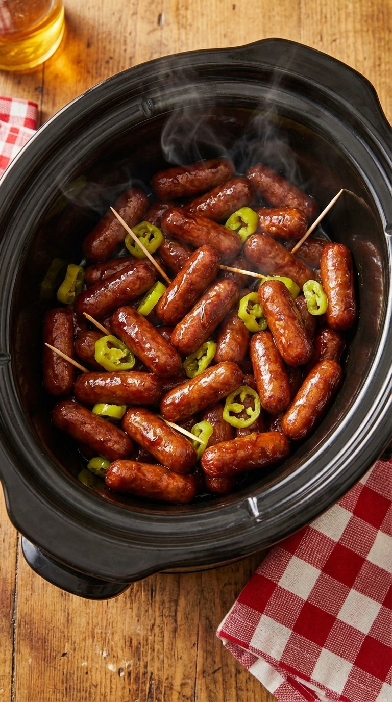 A top-down view inside a slow cooker filled with glazed mini sausages and green pepperoncinis, with toothpicks for serving.
