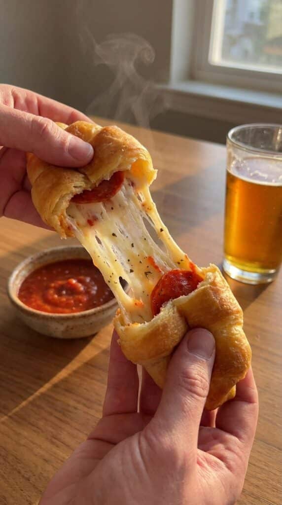 A close-up of hands pulling apart a hot pepperoni stuffed croissant roll, showing an extreme melted mozzarella cheese stretch.