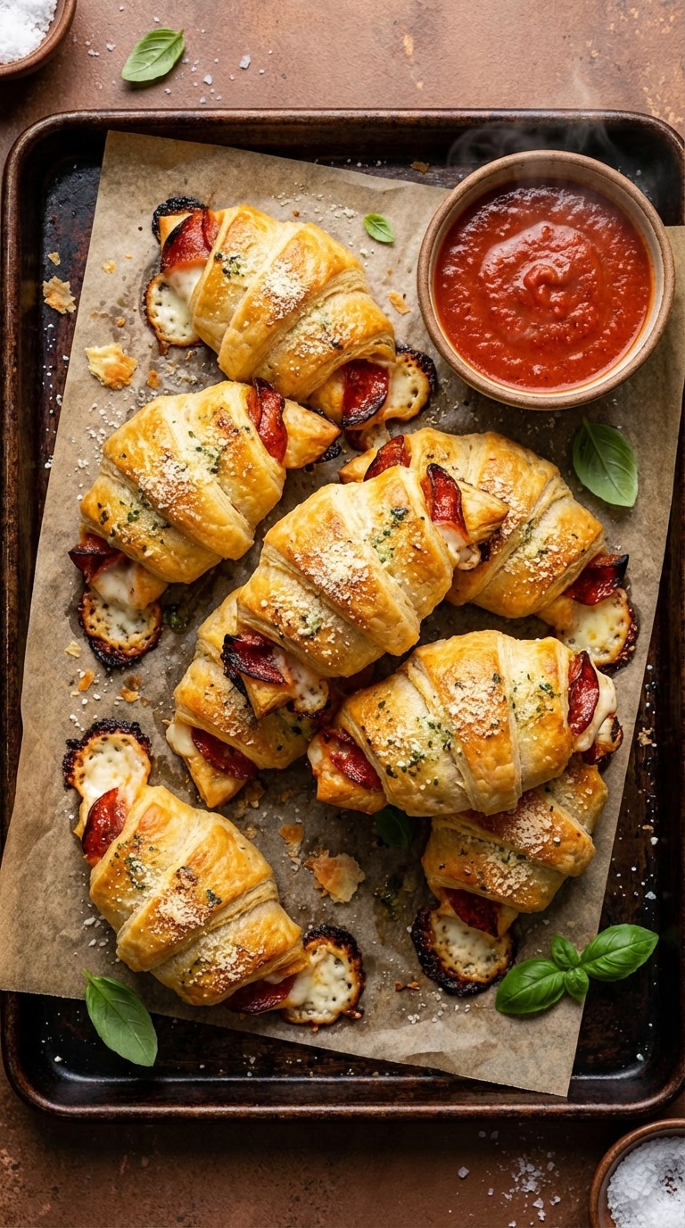 A baking sheet of golden baked crescent rolls stuffed with pepperoni and oozing mozzarella cheese, next to a bowl of marinara sauce.