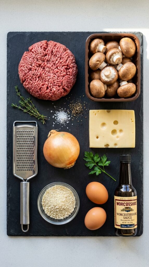 A flat lay showing ground beef, fresh cremini mushrooms, a block of Swiss cheese, onions, eggs, and breadcrumbs on a dark slate board.