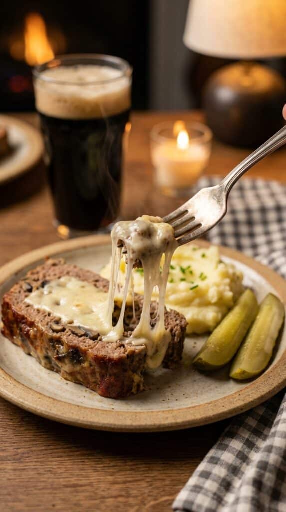 A close-up of a fork cutting into a thick slice of cheesy mushroom meatloaf, served with mashed potatoes and dill pickles.
