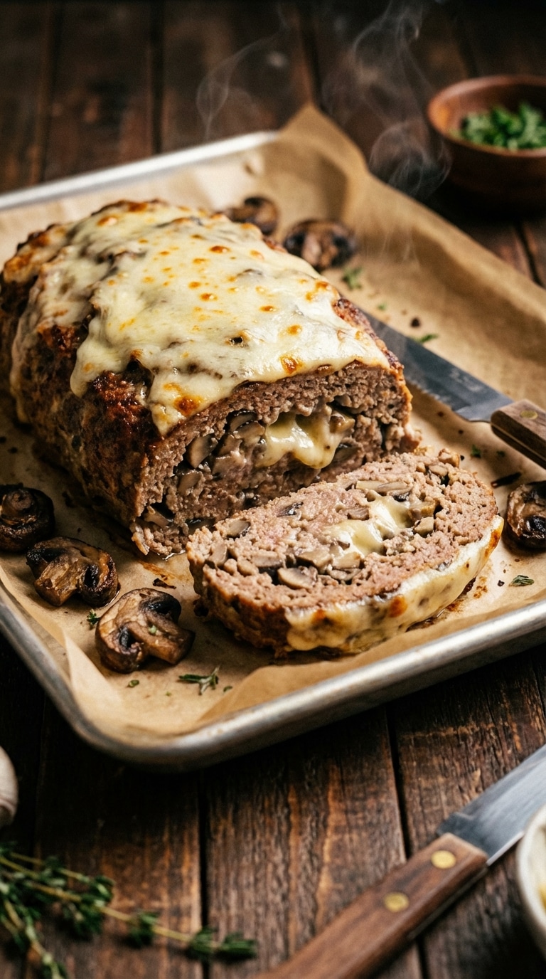 A freshly baked mushroom and Swiss cheese meatloaf with a slice removed, showing melted cheese on top and inside.