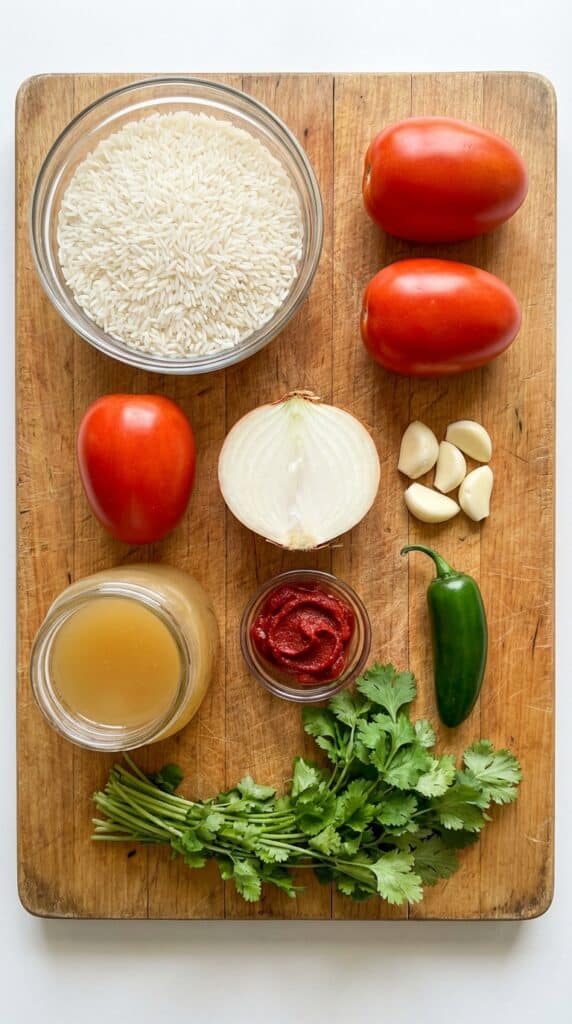 A flat lay showing dry white rice, Roma tomatoes, white onion, garlic, chicken broth, tomato paste, a whole jalapeño, and cilantro on a wooden board.
