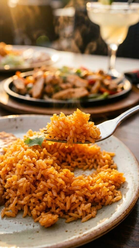 A close-up of a fork lifting fluffy orange Mexican rice, with fajitas and a margarita blurred in the background.