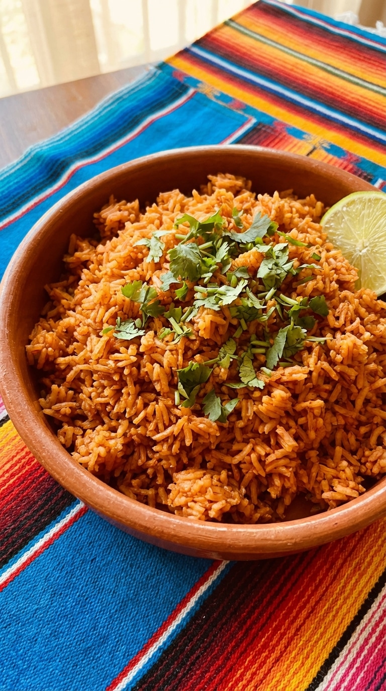 A terracotta bowl filled with fluffy, bright orange Mexican rice, garnished with cilantro and a lime wedge.