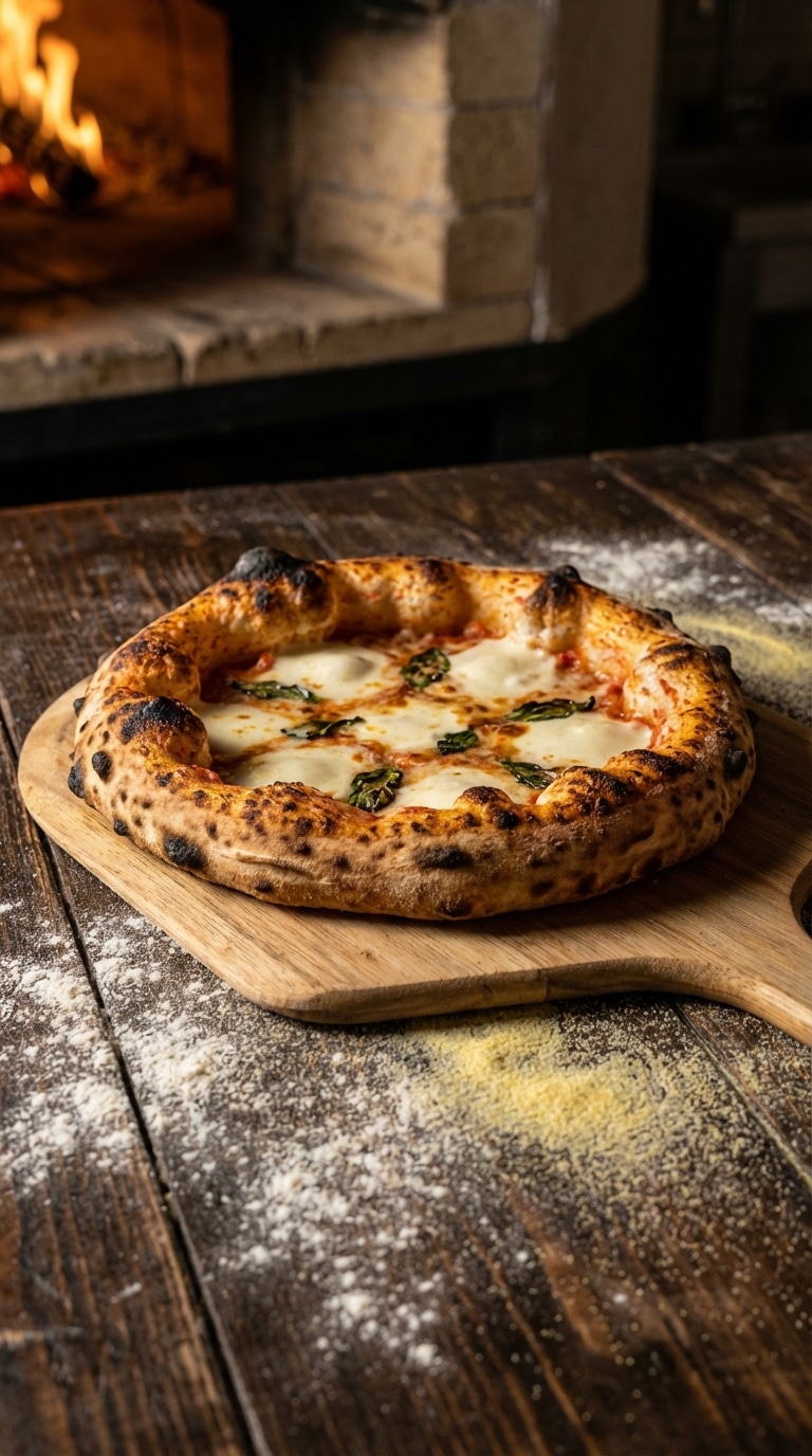 A freshly baked rustic Margherita pizza on a wooden peel, highlighting a puffy, golden-brown blistered crust.