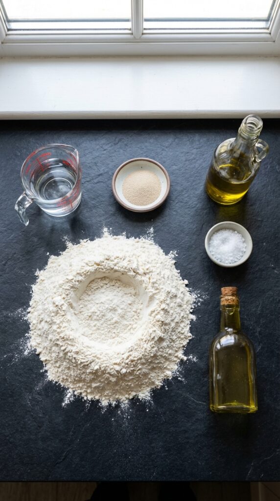 A flat lay showing a mound of flour with a well in the center, alongside yeast, olive oil, water, and sea salt on a dark slate board.