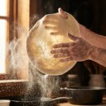 A close-up of flour-dusted hands stretching and tossing an elastic disc of raw pizza dough in the air.