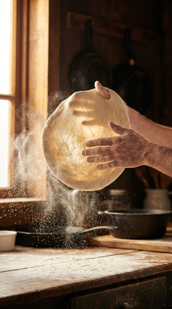 A close-up of flour-dusted hands stretching and tossing an elastic disc of raw pizza dough in the air.