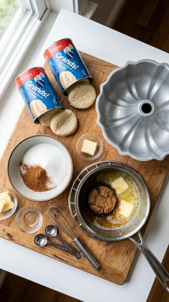 A flat lay showing cans of biscuit dough, cinnamon sugar, butter, brown sugar, and an empty bundt pan on a wooden board.