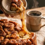 A close-up of a hand pulling a piece of gooey monkey bread from the loaf, with a thick stretch of sticky caramel.
