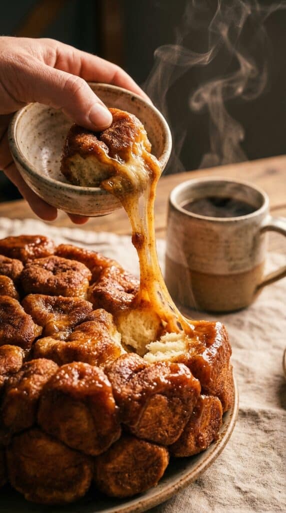 A close-up of a hand pulling a piece of gooey monkey bread from the loaf, with a thick stretch of sticky caramel.