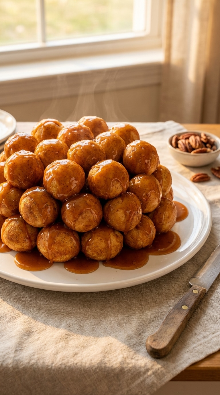 A whole monkey bread on a serving platter, made of baked dough balls covered in dripping, glossy caramel sauce.