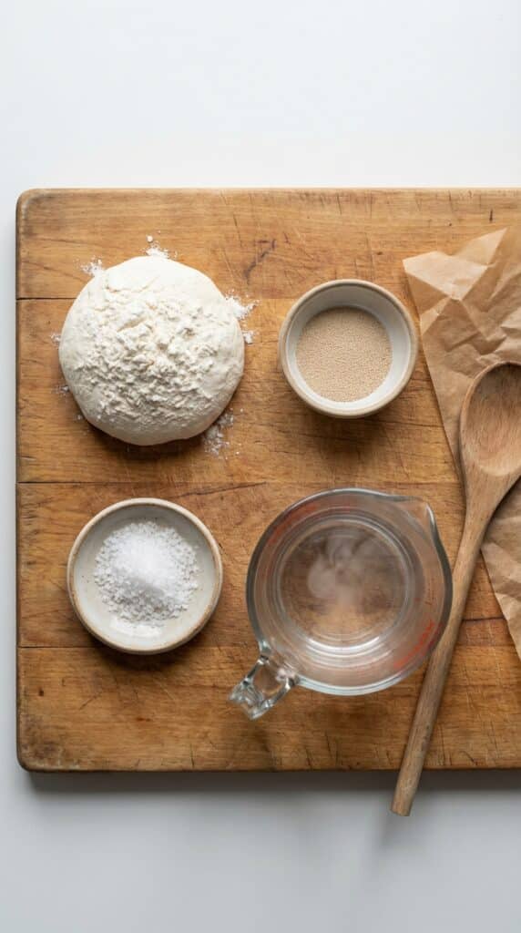 A minimalist flat lay showing flour, yeast, coarse salt, and a glass of water on a rustic wooden board.