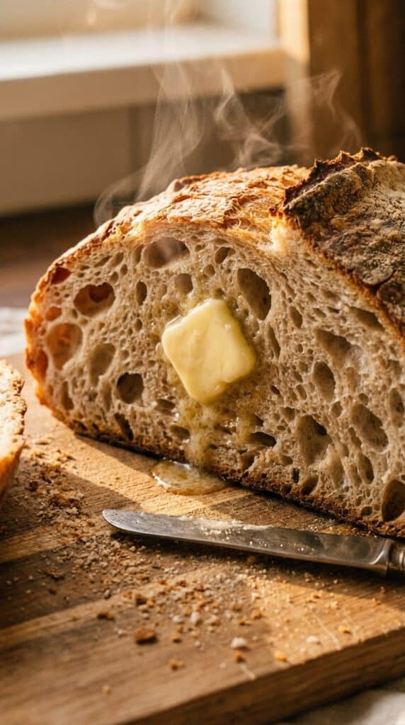A close-up of a thick slice of crusty artisan bread with large air pockets, topped with melting salted butter.