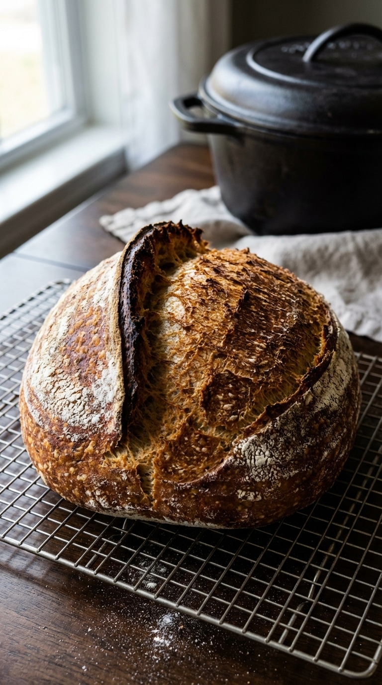 A freshly baked, crusty round loaf of artisan bread with a split top resting on a wire cooling rack, with a cast-iron Dutch oven in the background.
