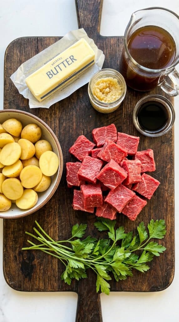 A flat lay showing raw cubed steak, baby yellow potatoes, butter, garlic, beef broth, soy sauce, and parsley on a dark wooden board.