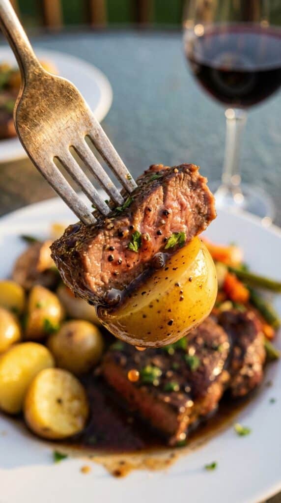 A close-up of a fork holding a glistening piece of beef and a baby potato covered in garlic butter, with a plate and red wine in the background.