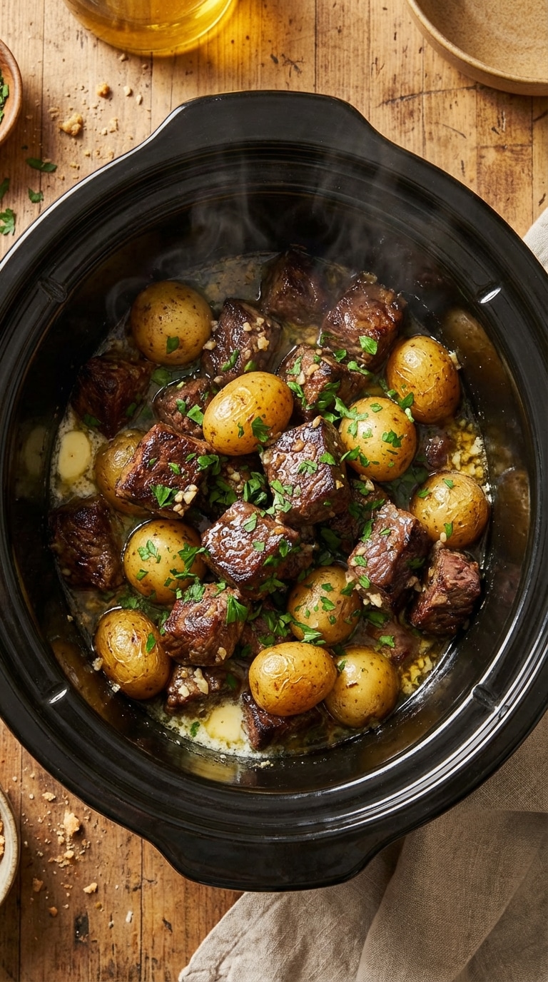 A top-down view inside a slow cooker filled with glistening beef chunks and baby yellow potatoes covered in a garlic herb butter sauce and parsley.