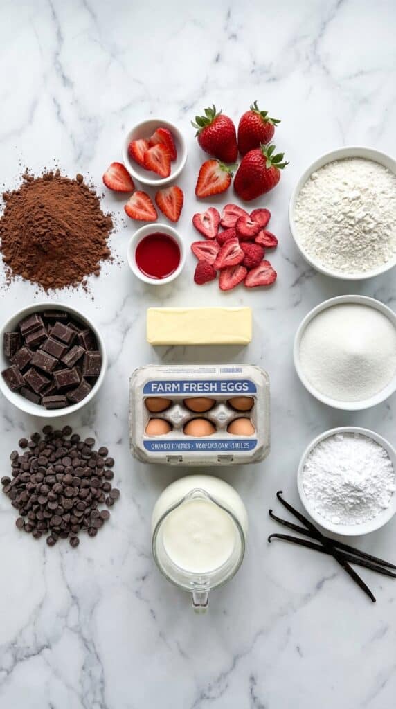 A flat lay showing cocoa powder, fresh and freeze-dried strawberries, vanilla beans, flour, sugar, eggs, and buttermilk on a marble board.