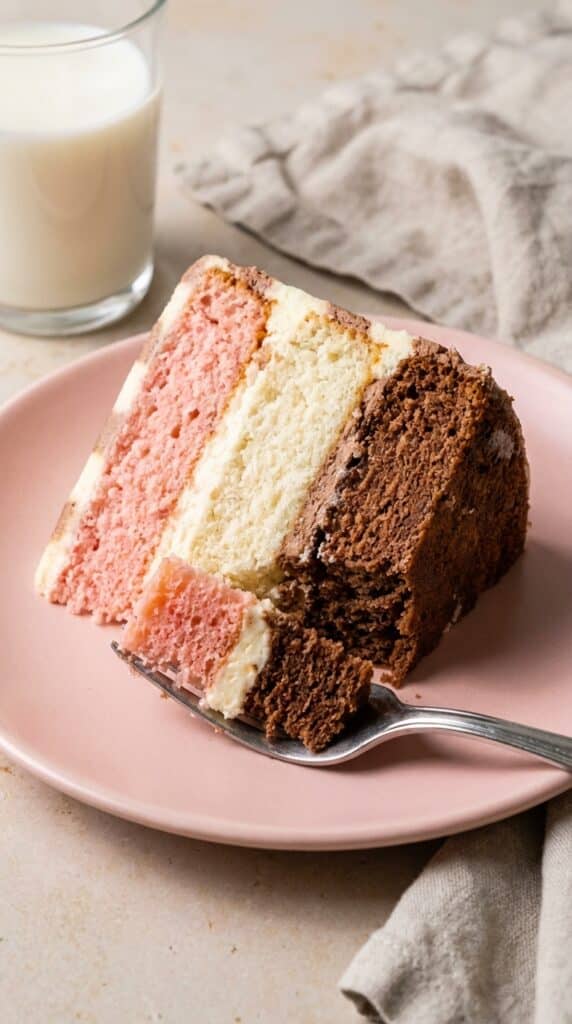 A close-up of a fork cutting through a thick slice of three-layer Neapolitan cake on a pink plate, showing the moist cake crumb.
