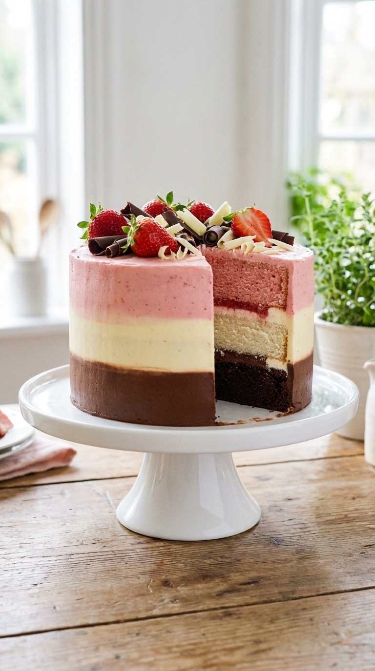 A whole Neapolitan cake with a slice removed, showing chocolate, vanilla, and strawberry layers and striped buttercream frosting.