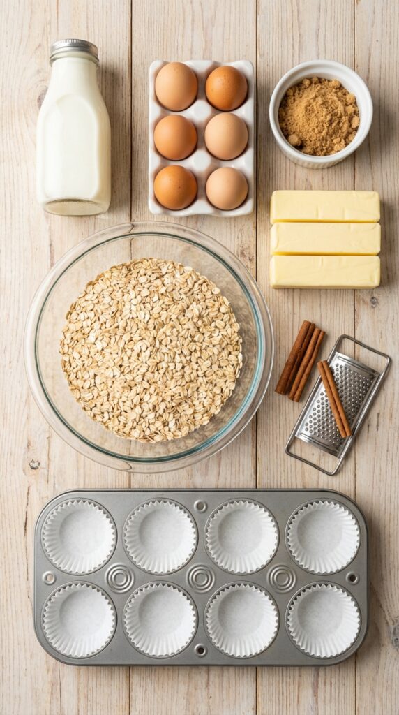 A flat lay showing rolled oats, milk, eggs, brown sugar, butter, cinnamon, and a muffin tin on a wooden board.