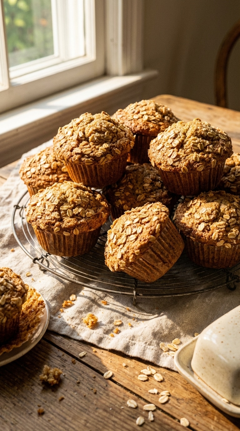 A wire cooling rack filled with freshly baked golden-brown oatmeal muffins topped with toasted oats, sitting on a wooden table.