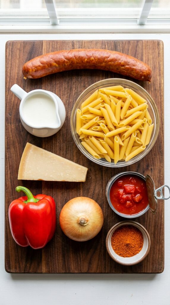 A flat lay showing smoked sausage, dry penne pasta, heavy cream, parmesan, red bell pepper, tomatoes, and cajun spices on a wooden board.