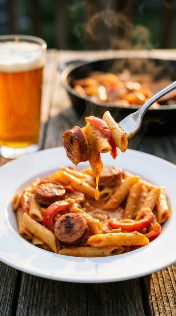 A close-up of a fork lifting a bite of penne pasta and smoked sausage coated in a thick, creamy cajun sauce.