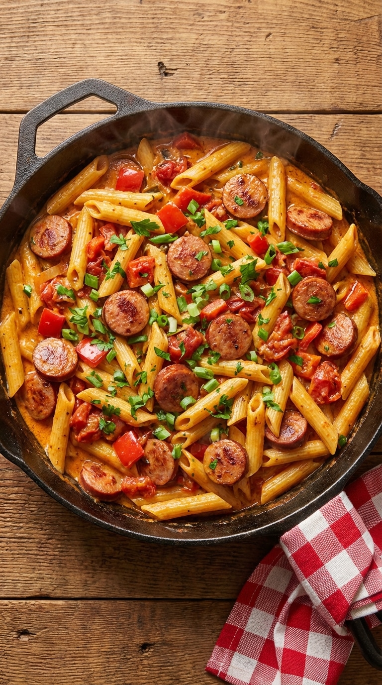 A top-down view of a cast iron skillet filled with creamy cajun pasta, sliced smoked sausage, red peppers, and green onions.