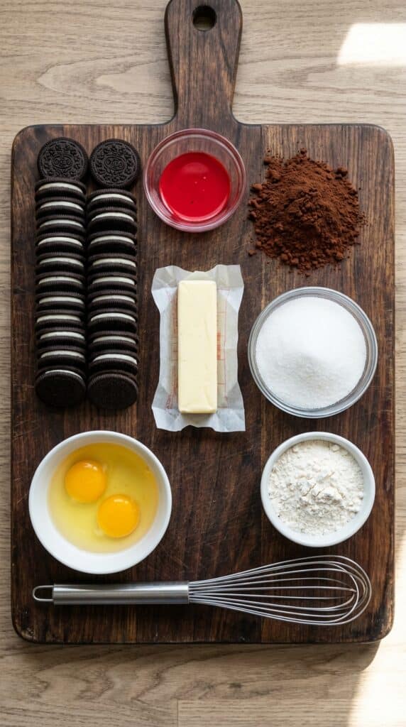 A flat lay showing Oreo cookies, red food coloring, cocoa powder, butter, sugar, flour, and eggs on a dark wooden board.