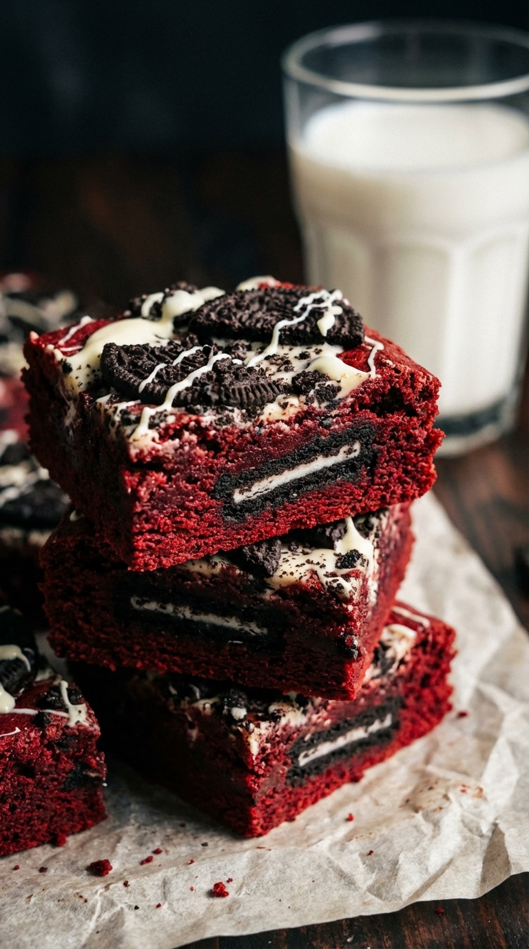 A stack of fudgy red velvet brownies with a whole Oreo cookie visible in the center and crushed cookies on top.