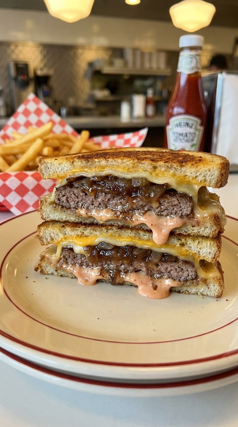 A halved patty melt sandwich stacked on a plate, showing a juicy beef patty, caramelized onions, melted cheese, and secret sauce on toasted rye bread.