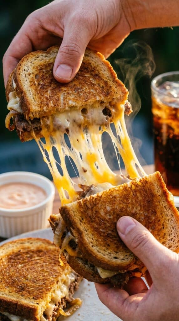 Hands pulling apart a hot patty melt sandwich, creating a long, gooey cheese stretch with steam rising from the beef and onions.