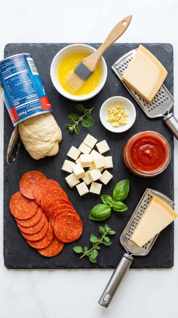 A flat lay showing canned biscuit dough, pepperoni, cubed mozzarella, butter, garlic, and pizza sauce on a slate board.
