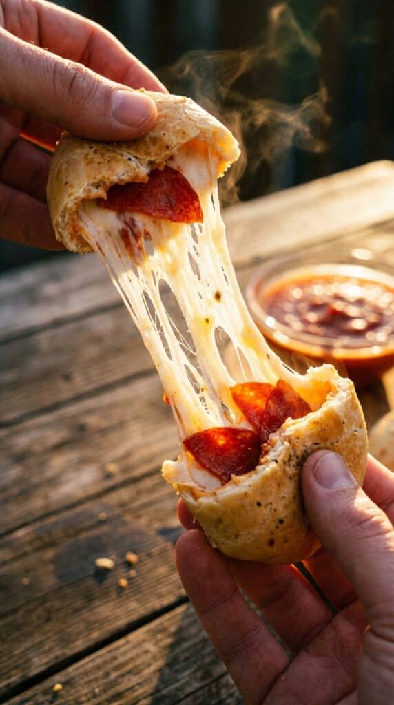 A close-up of hands pulling apart a baked pizza bomb, revealing an extreme melted mozzarella cheese pull and pepperoni inside.
