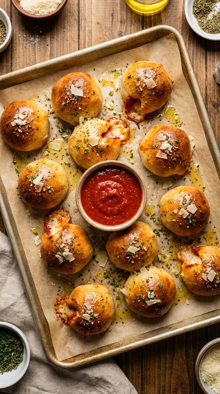 A top-down view of golden brown, garlic-herb coated pizza bombs on a baking sheet with a bowl of marinara dipping sauce.