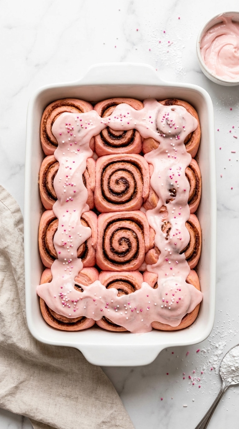 A top-down view of a baking dish filled with pink dough cinnamon rolls topped with melting pink cream cheese frosting and sprinkles.