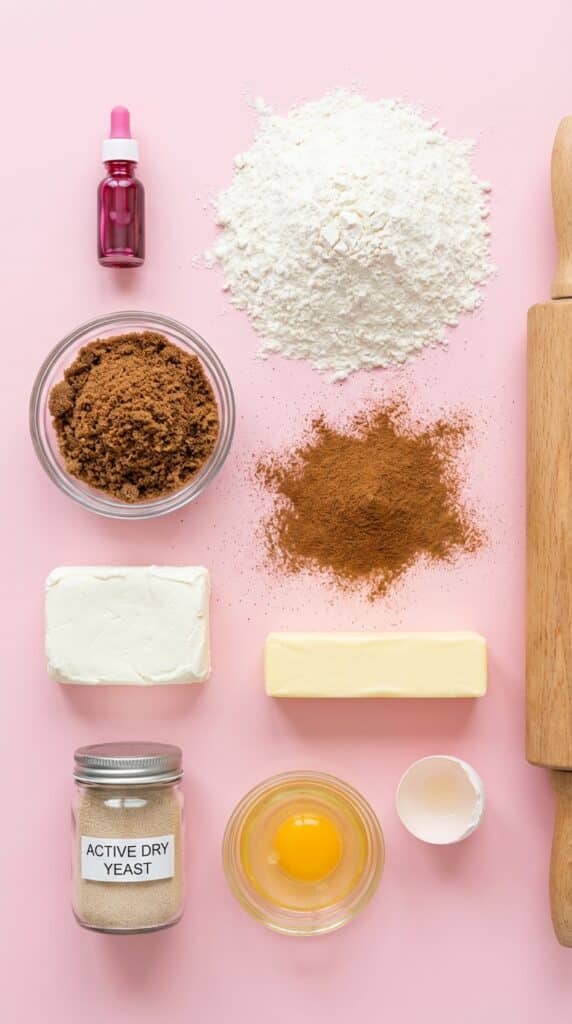 A flat lay showing a bottle of pink food coloring, flour, brown sugar, cinnamon, yeast, egg, butter, and cream cheese on a pink background.