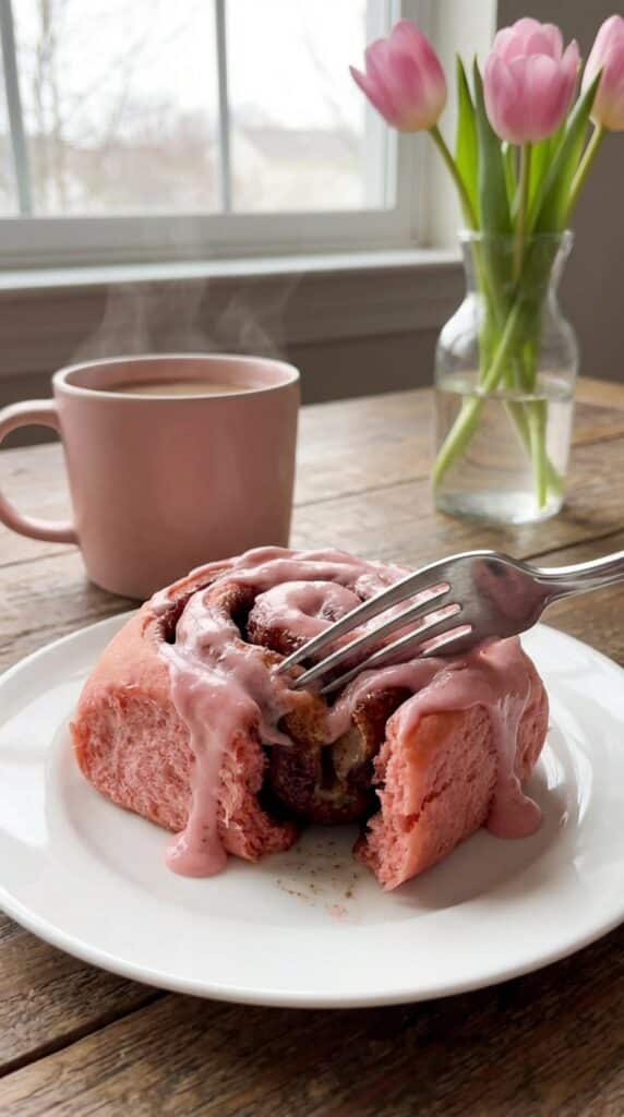 A close-up of a fork pulling apart a warm pink cinnamon roll, showing the fluffy pink interior and dark cinnamon swirl.