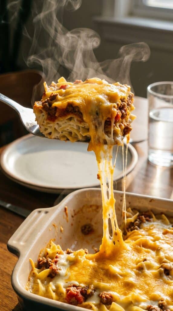 A close-up of a spatula lifting a hearty square of ground beef and noodle casserole, creating a massive cheese pull from the pan.