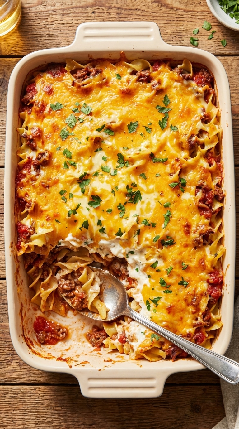 A rectangular baking dish filled with a baked noodle and ground beef casserole, topped with bubbly cheddar cheese, with a scoop missing to show the layers.