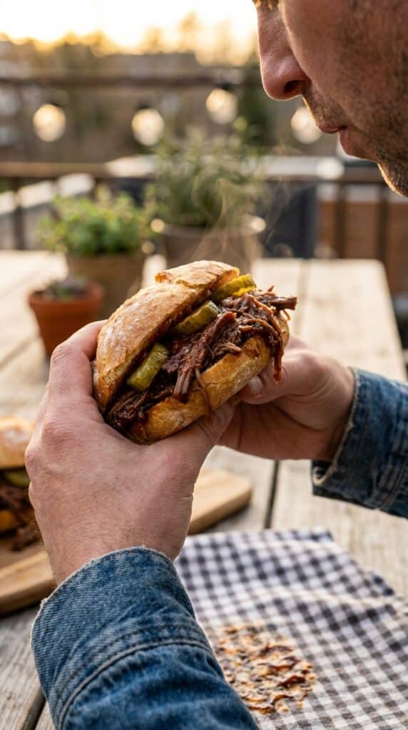 A close-up of two hands holding a juicy, messy pulled beef sandwich with pickles, about to take a bite.