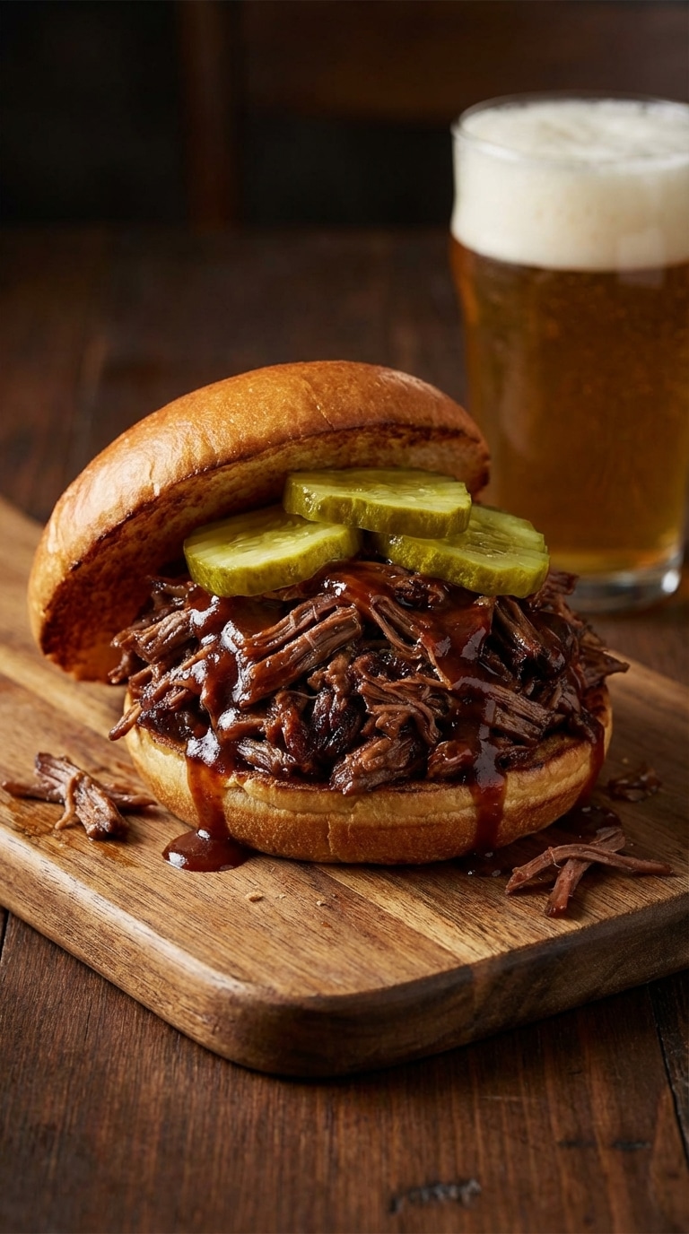 A close-up of a large toasted brioche bun overflowing with saucy shredded BBQ beef and thick-cut dill pickles on a wooden board.