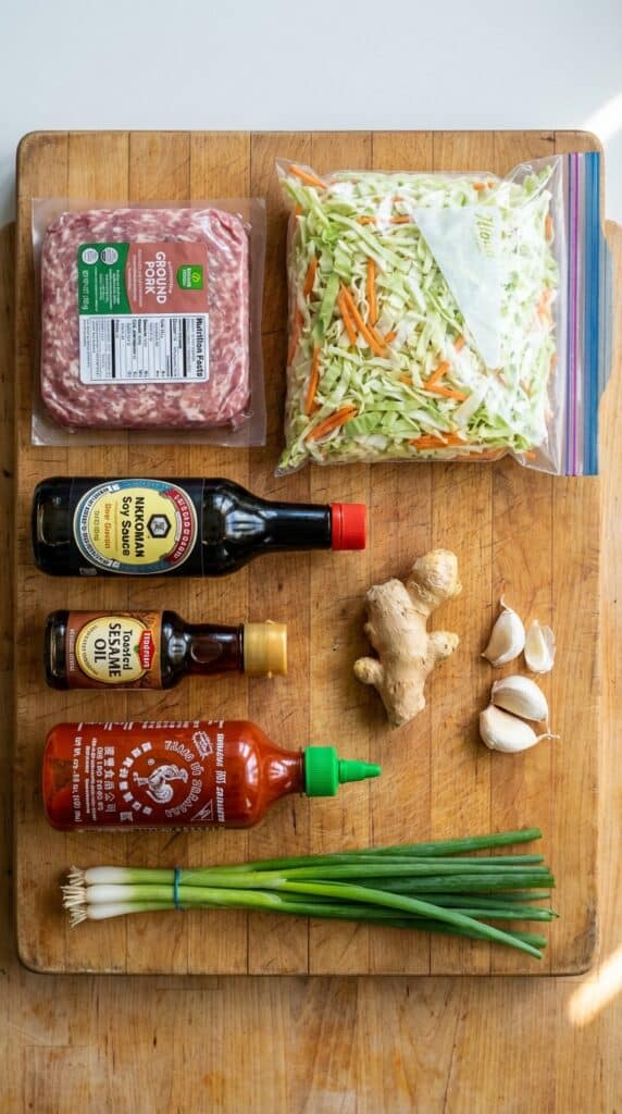 A flat lay showing raw ground pork, a bag of coleslaw mix, soy sauce, sesame oil, ginger, garlic, sriracha, and green onions on a wooden board.